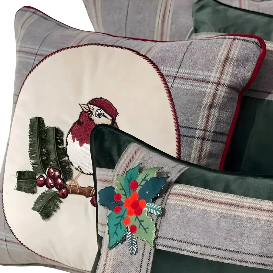 CHALET - Kuş Nakışlı Gri Dekoratif Yastık Kılıfı | Kırlent