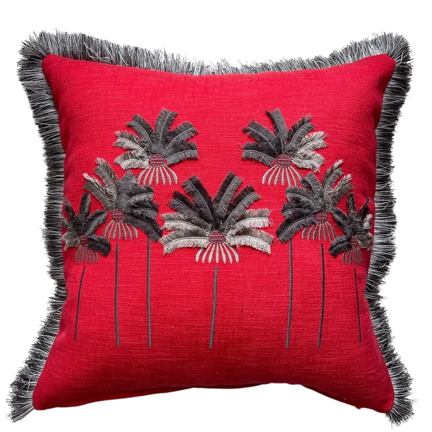 PALMPARADISE - Nar Çiçeği Gri Palmiye Nakışlı Dekoratif Yastık Kılıfı | Kırlent