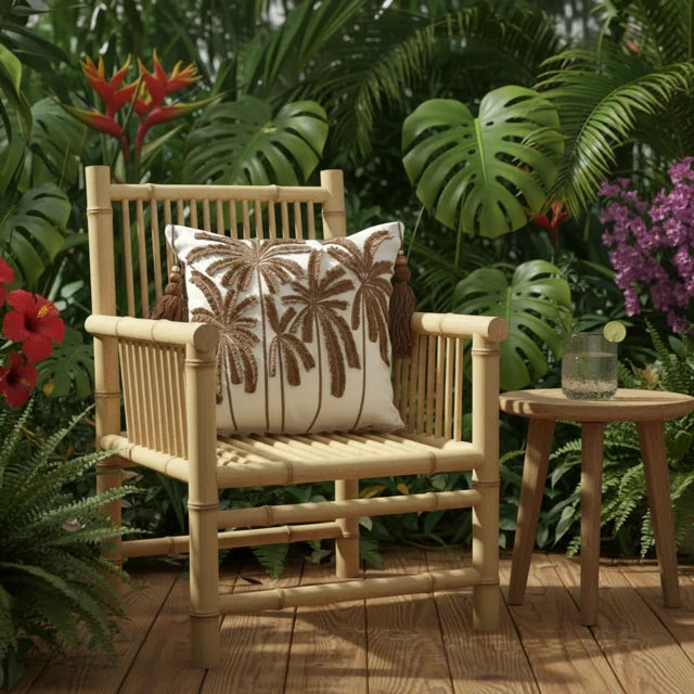 TROPICAL - Kahve Palmiye Nakışlı Dekoratif Yastık Kılıfı | Kırlent