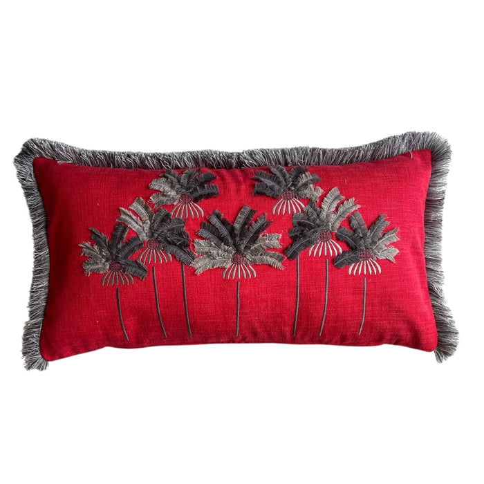 PALMPARADISE - Nar Çiçeği Palmiye Gri Nakışlı Dekoratif Yastık Kılıfı | Bel Kırlenti