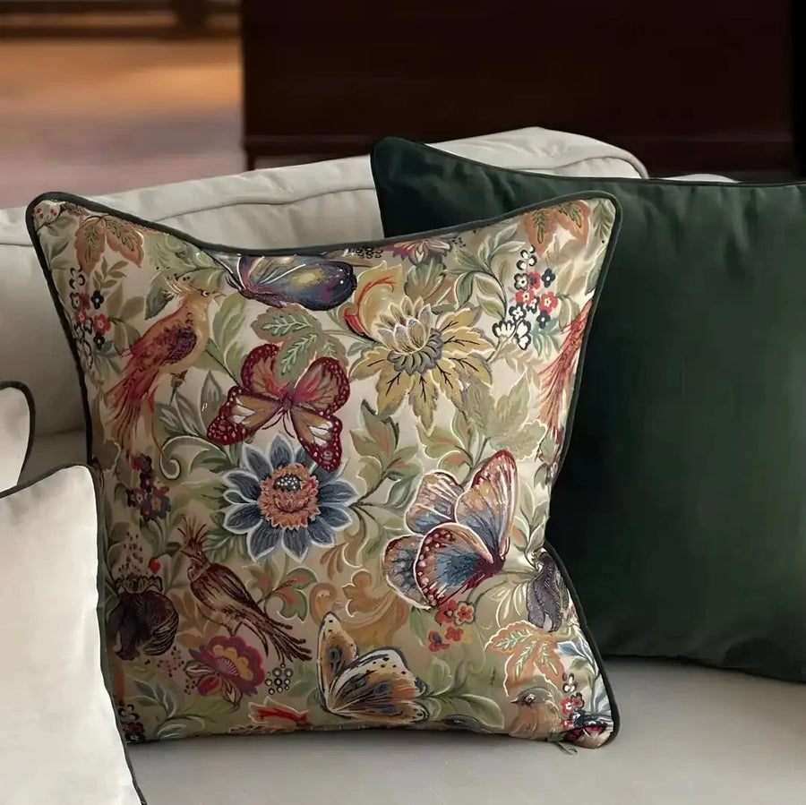 BUTTERFLY - Flora Kelebek Desenli Yeşil Dekoratif Yastık Kılıfı | Kırlent Kılıfı