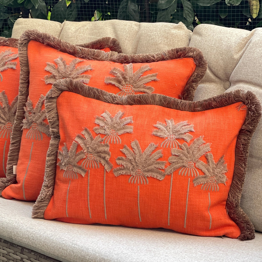 PALMPARADISE - Turuncu Palmiye Nakışlı Dekoratif Yastık Kılıfı | Bel Kırlenti