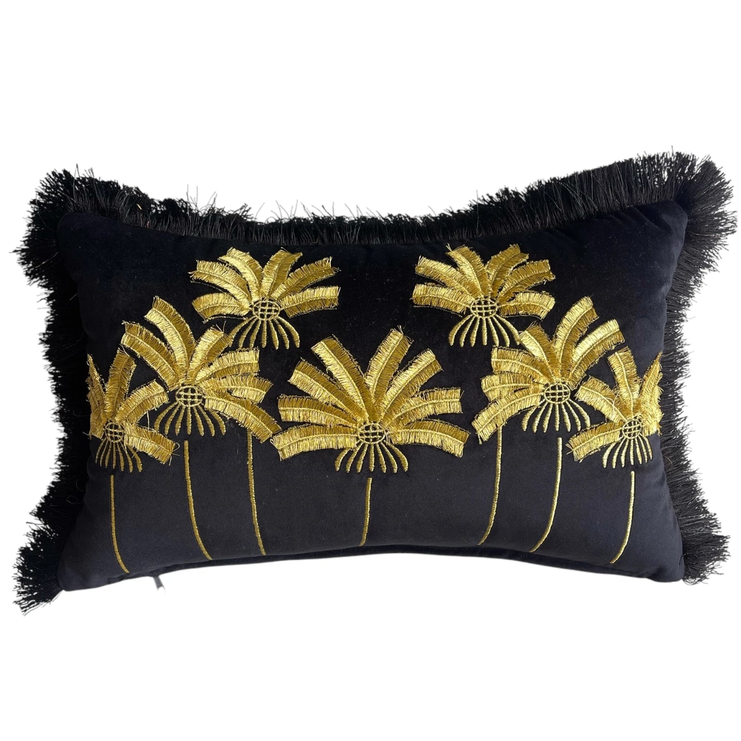 PALMPARADISE - Gold Palmiye Nakışlı Siyah Kadife Dekoratif Yastık Kılıfı | Bel Kırlenti