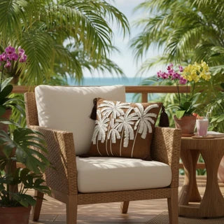 TROPICAL - Krem Nakışlı Kahve Kumaş Dekoratif Yastık Kılıfı | Kırlent