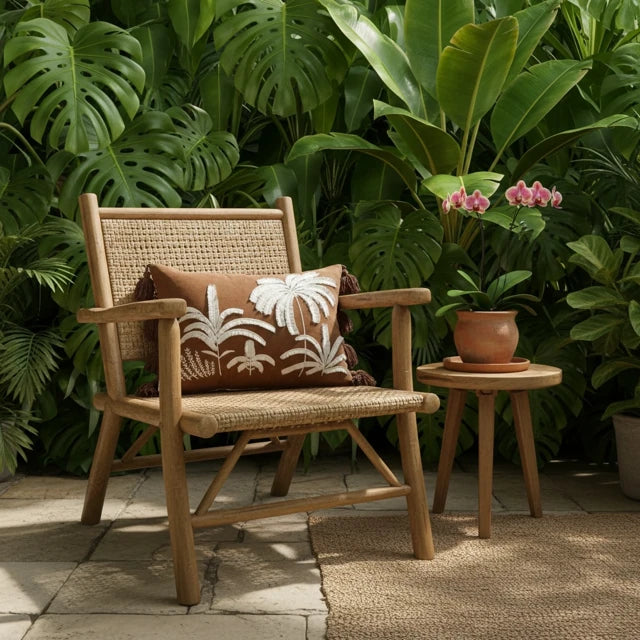 TROPICAL - Krem Nakışlı Kahve Kumaş Dekoratif Yastık Kılıfı | Bel Kırlenti