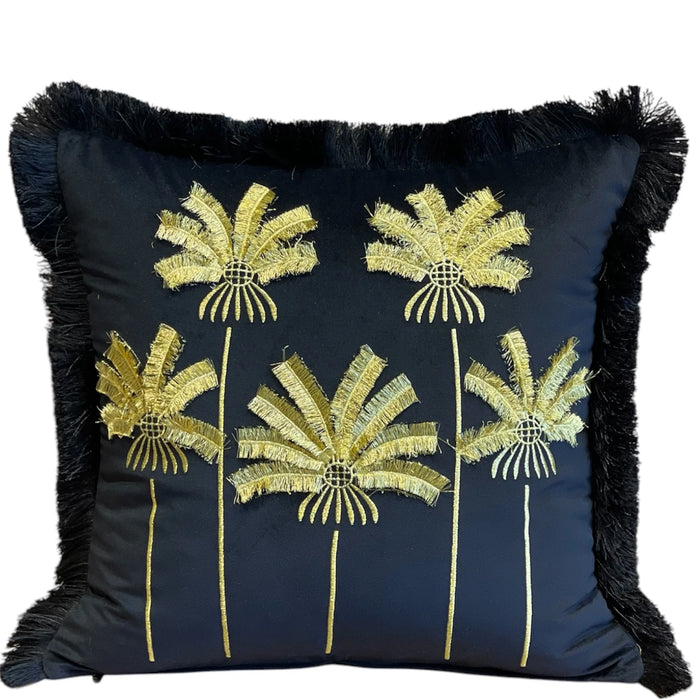 PALMPARADISE - Gold Palmiye Nakışlı Siyah Kadife Dekoratif Yastık Kılıfı | Kırlent