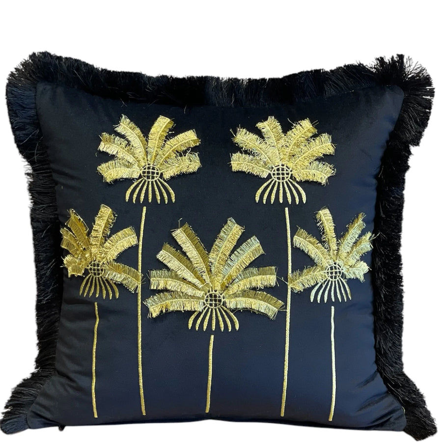 PALMPARADISE - Gold Palmiye Nakışlı Siyah Kadife Dekoratif Yastık Kılıfı | Kırlent