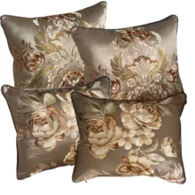Yağyeşili Kumaş Üzeri Kahve Bej nakışlı 4 'lü Yastık Kılıfı