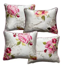 Ekru Kumaş Pembe Şakayık Nakışlı 4'lü Yastık Seti
