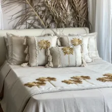 Gold Palm Nakışlı Krem Kumaş 4'lü Yatak Runner Seti