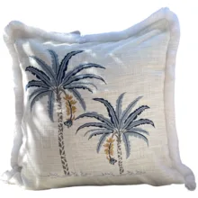 Banana Twist Mavi Palmiye Nakışlı Krem Kırlent Kılıfı