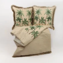 Belçika Keteni 3'lü Palmiye Nakışlı Yatak Runner Seti