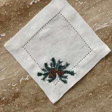 Keten Kozalak Nakışlı Kokteyl Peçete 2'li Set Yeni Yıl