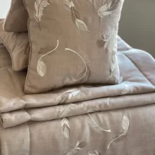 VİZON KUMAŞ ÜZERİ KUŞ TÜYÜ NAKIŞLI YATAK RUNNER SETİ 4 PARÇA