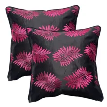 Pembe Yaprak Nakışlı 2'li Siyah Yastık Kılıfı