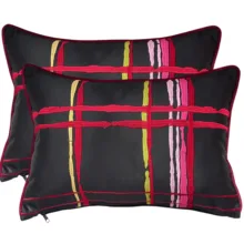 Siyah Kumaş Üzeri Pembe&Kırmızı Çizgi Nakışlı 2'li Yastık Seti